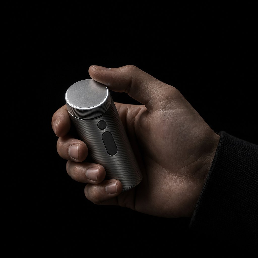 ntrct Grip — a palm-sized single-hand controller with a thumb dial